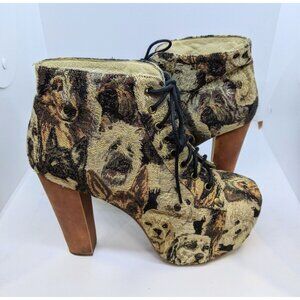 Jeffrey Campbell Lita Fab Platform Tapestry Dog Ankle Boots Lace Up Size 9